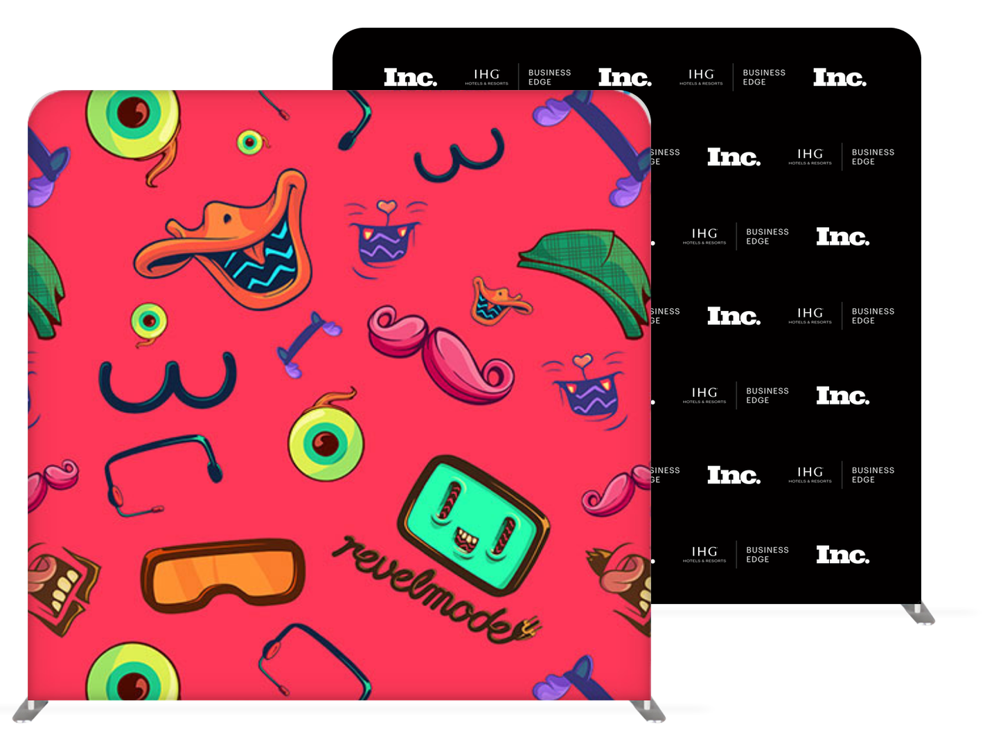 Two custom-printed backdrops: a red one patterned with illustrated photo booth props for Revelmode, and a black step-and-repeat with the Inc. and IHG Business Edge logos